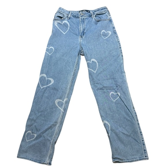 Hollister Ultra High Rise Dad Jeans Women’s 6/7 Blue Heart Print 28x29 - Picture 1 of 8